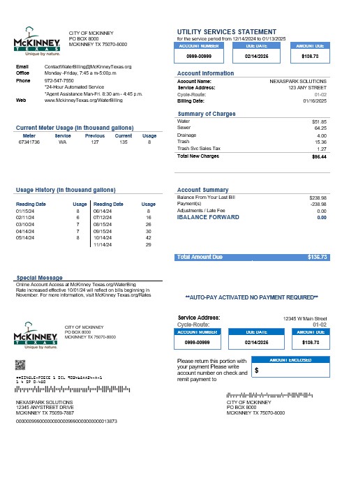 USA Texas McKinney business utility bill template in Word and PDF formats